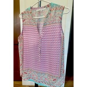 Fun2Fun Flutter Sleeve Womens Blouse Pink Paisley Floral V-Neck L Top Stitch Fix